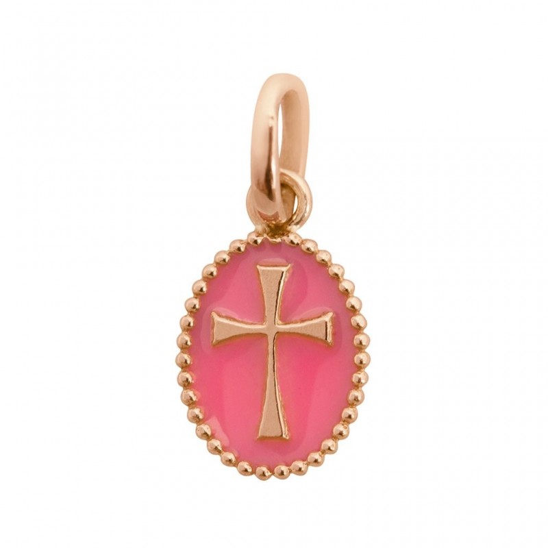 Pendentif ovale Gigi Clozeau croix or rose résine rose