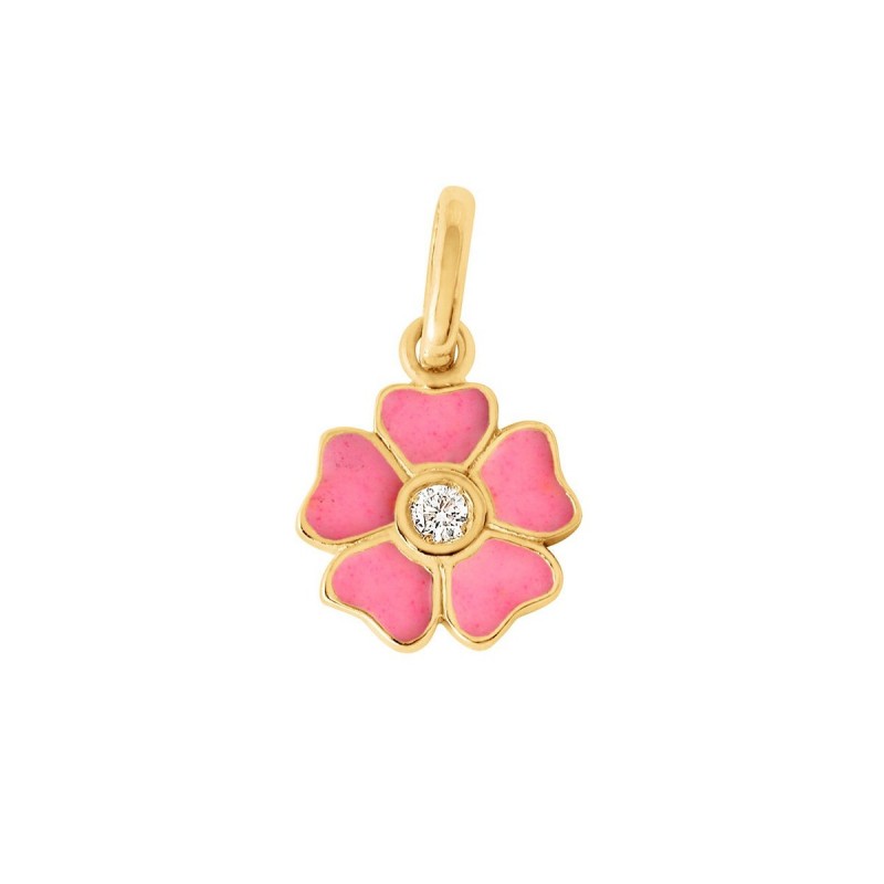 Pendentif Gigi Clozeau Fleur or blanc rose ou jaune et diamant résines roses