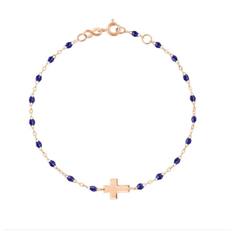 Bracelet Gigi Clozeau or rose croix perle de résine bleu nuit 50