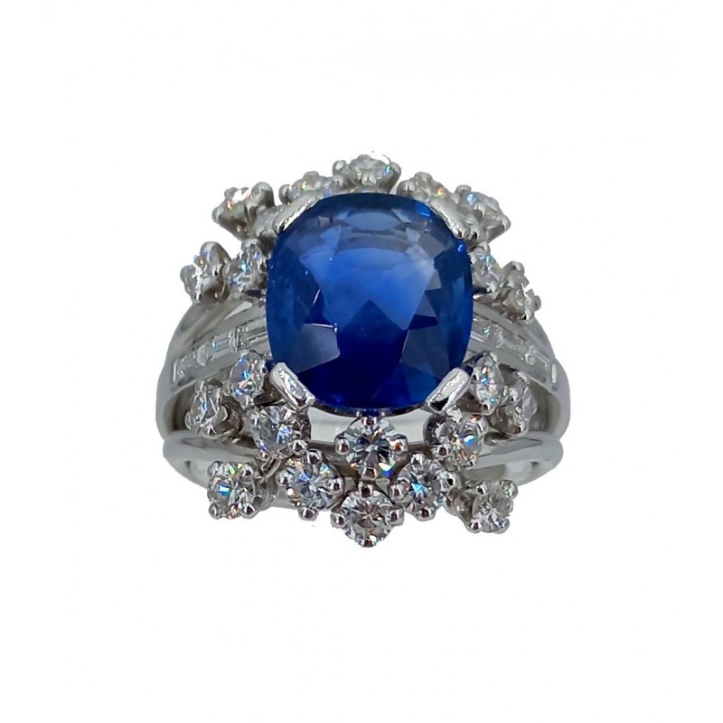 Bague saphir 3.86 carats diamants 1.50 carat Platine - Bijou vintage