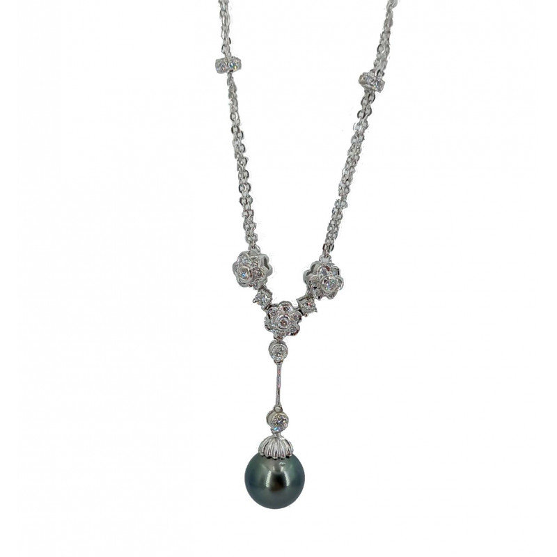 Collier maille forçat perle de Tahiti diamants or blanc - Bijou Vintage