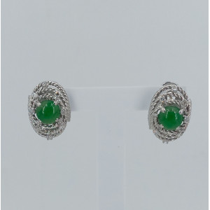 Boucles d'oreilles clips cabochons de jade et diamants or blanc - Bijou Vintage