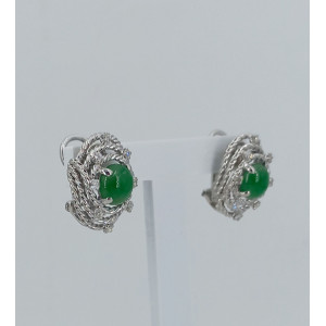 Boucles d'oreilles clips cabochons de jade et diamants or blanc - Bijou Vintage