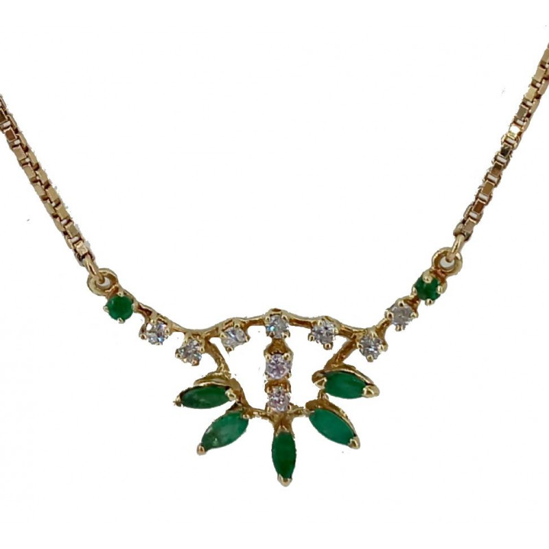 Collier motif brillants et émeraude or jaune 41 cm Bijou Vintage  Mathieu Bijoutier