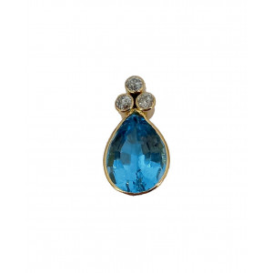 Pendentif Topaze bleue poire et 3 diamants taille ancienne or jaune - Bijou Vintage