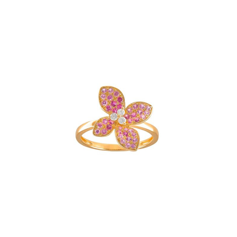 Bague fleur saphirs rose et brillants or jaune