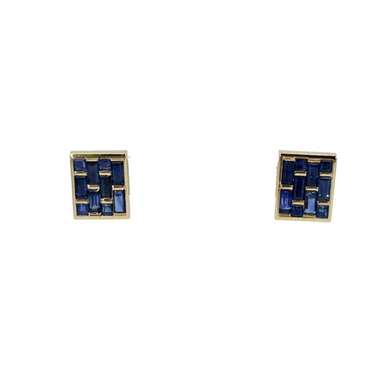 Boucles d'oreilles Rectangle saphirs navette et carré or jaune - Bijou Vintage