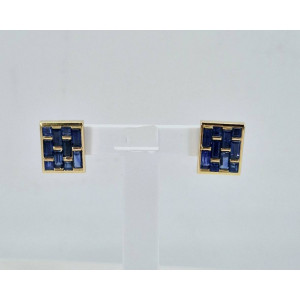 Boucles d'oreilles Rectangle saphirs navette et carré or jaune - Bijou Vintage
