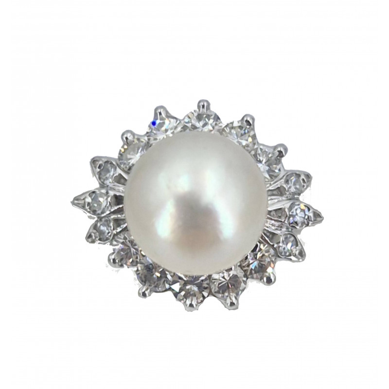Bague or blanc perle de culture et diamants - Bijou Vintage