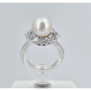 Bague or blanc perle de culture et diamants - Bijou Vintage