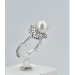 Bague or blanc perle de culture et diamants - Bijou Vintage