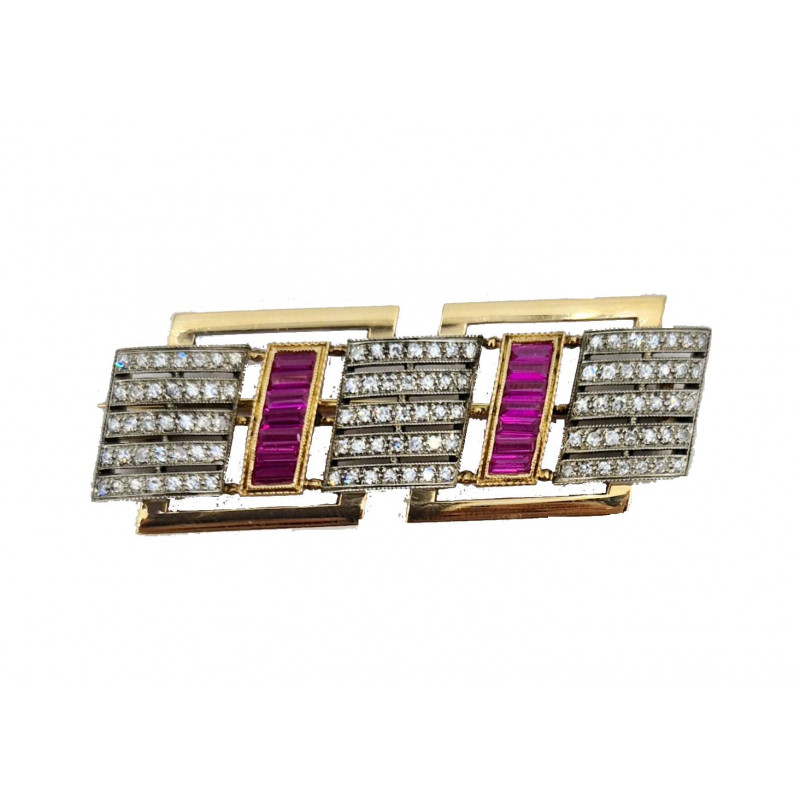Broche rectangulaire brillants rubis  - Bijou Vintage