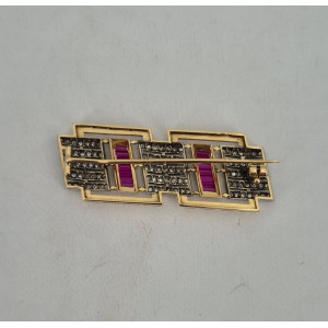 Broche rectangulaire brillants rubis  - Bijou Vintage