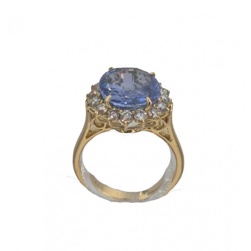Bague saphir 4.86 carats entourage diamants or jaune - Bijou vintage