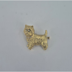 Broche petit chien brillants et or jaune  - Bijou Vintage