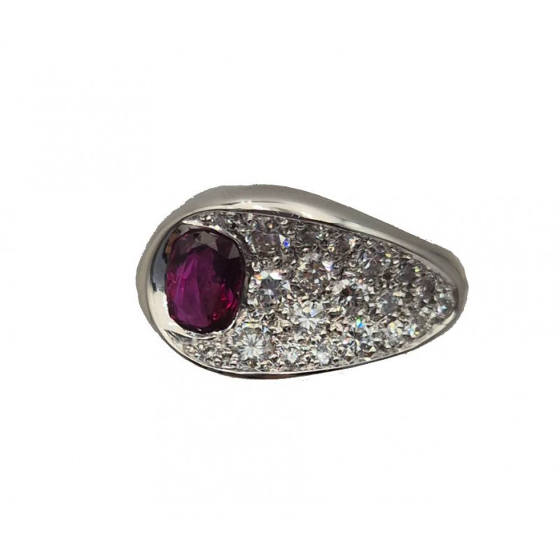 Bague rubis pavage diamants or blanc - Bijou Vintage