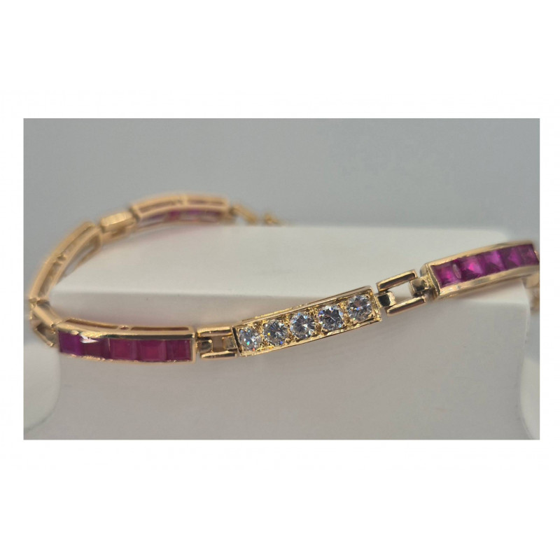 Bracelet brillants 2 carats et rubis 2 carats  or jaune - Bijou Vintage