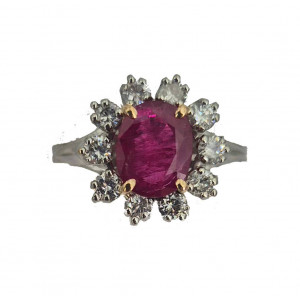 Bague rubis 1.30ct entourage de 10 brillants 1 carat or blanc - Bijou Vintage