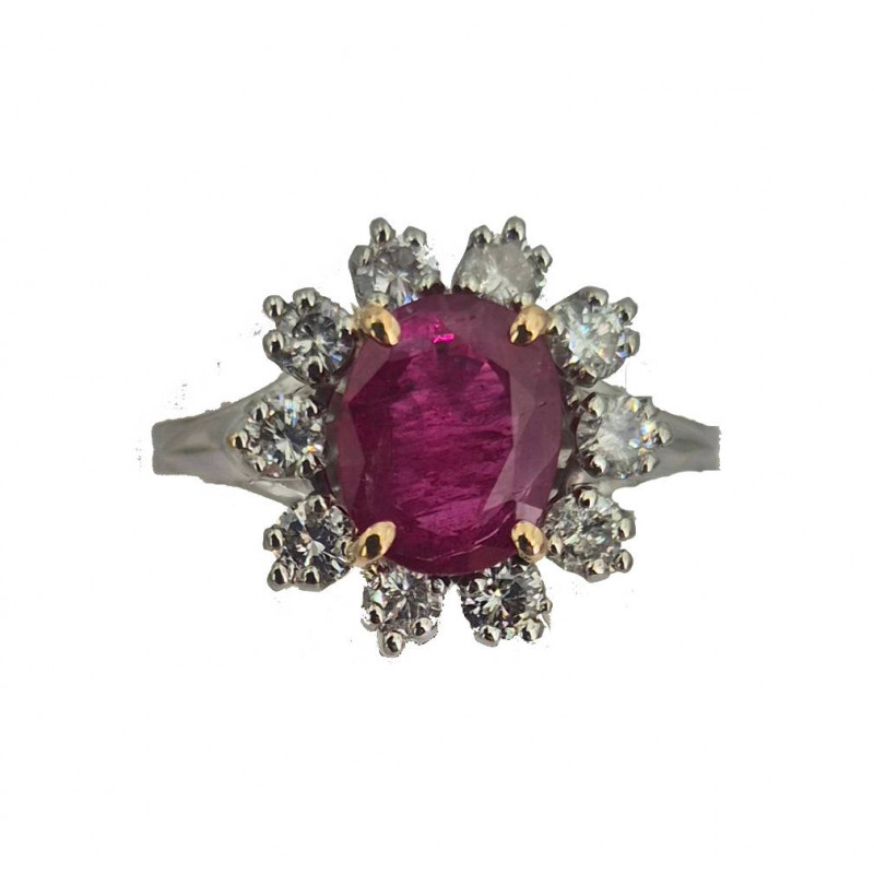 Bague rubis 1.30ct entourage de 10 brillants 1 carat or blanc - Bijou Vintage