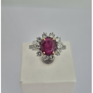 Bague rubis 1.30ct entourage de 10 brillants 1 carat or blanc - Bijou Vintage