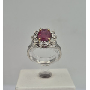 Bague rubis 1.30ct entourage de 10 brillants 1 carat or blanc - Bijou Vintage