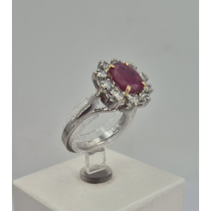 Bague rubis 1.30ct entourage de 10 brillants 1 carat or blanc - Bijou Vintage