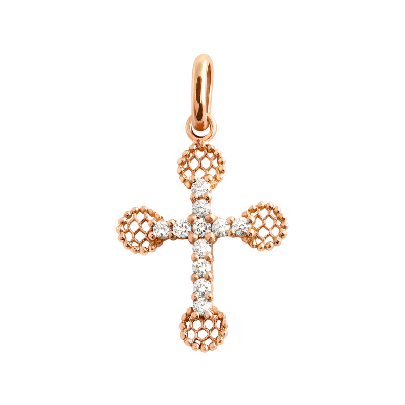 Pendentif Gigi Clozeau petite croix dentelle or rose diamants